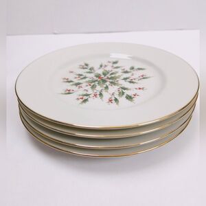 Holly Yuletide Japan Set Of Four Salad Dessert Plates Gold Trim Christmas  7.5"